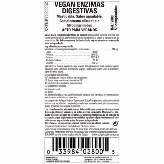 Enzimas Digestivas Veganas - 50 Comprimidos Masticables