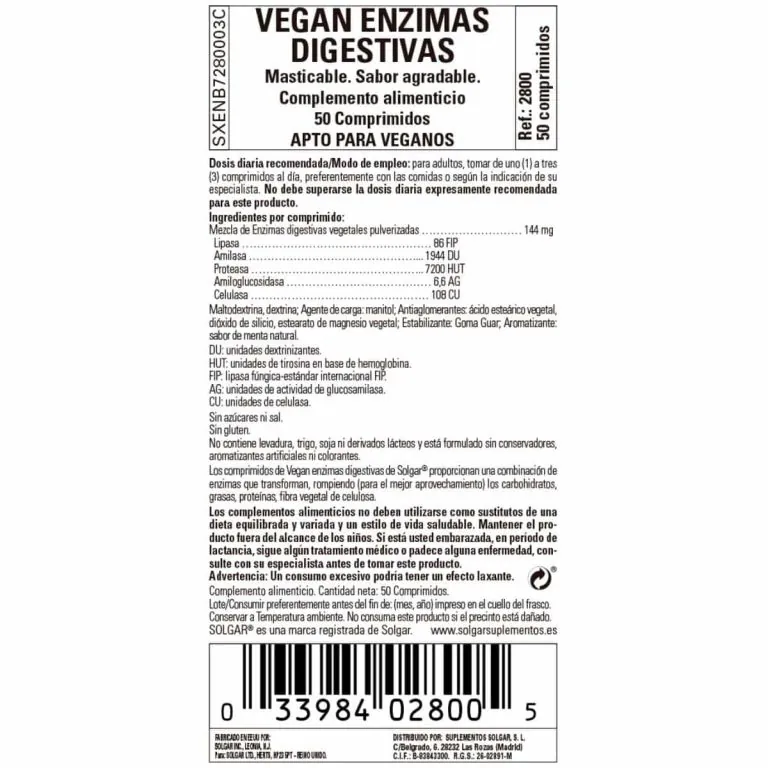 Enzimas Digestivas Veganas – 50 Comprimidos Masticables