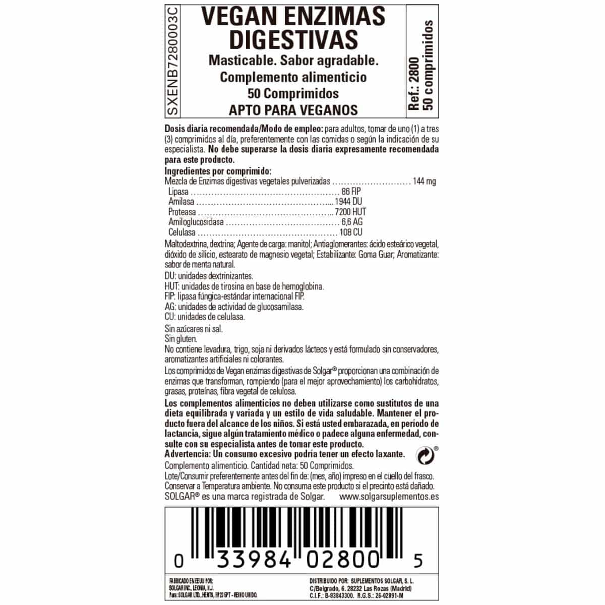 Enzimas Digestivas Veganas – 50 Comprimidos Masticables