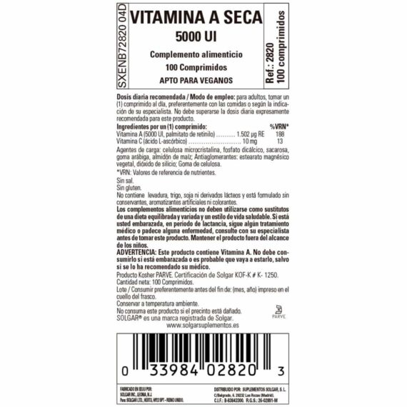 Vitamina A Seca - 5000ui - 100 Comprimidos