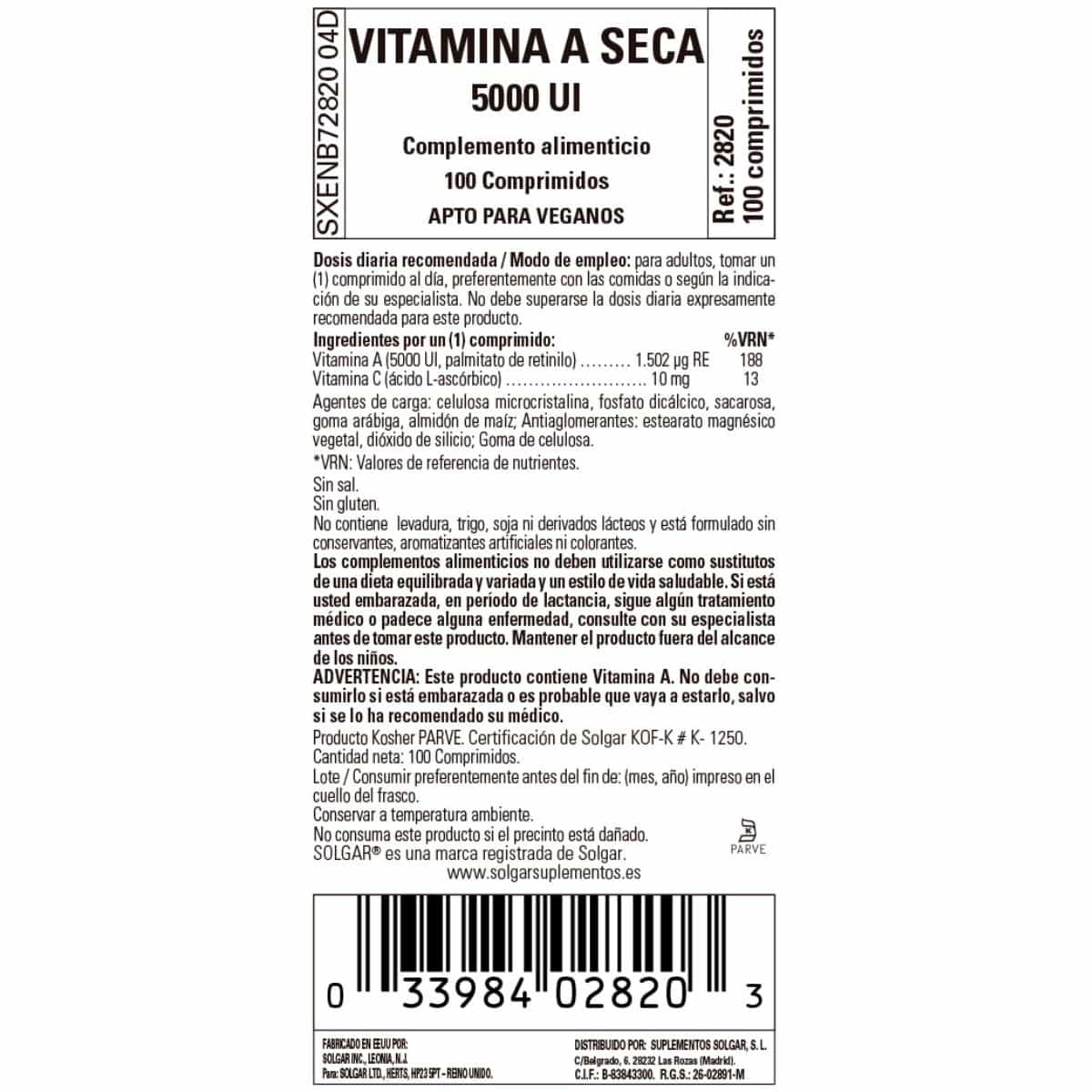 Vitamina A Seca – 5000ui – 100 Comprimidos