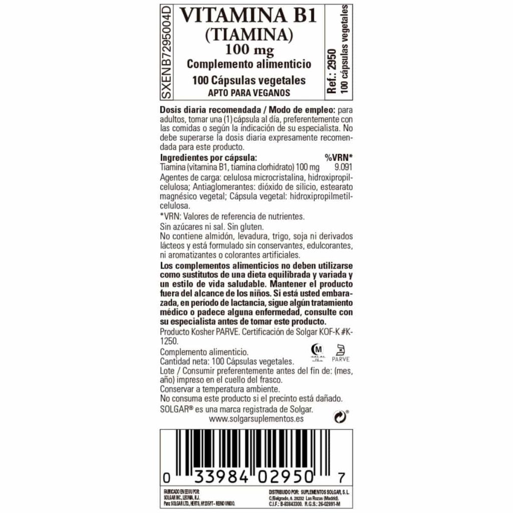 Vitamina B1 - 100mg - 100 Cápsulas Veganas detalle 1