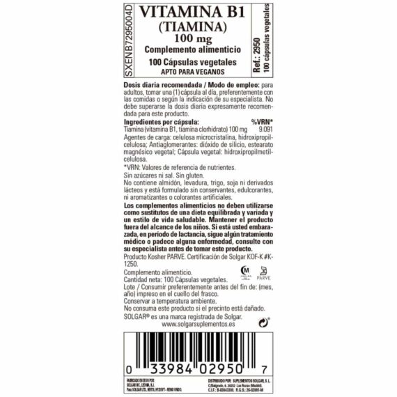 Vitamina B1 - 100mg - 100 Cápsulas Veganas