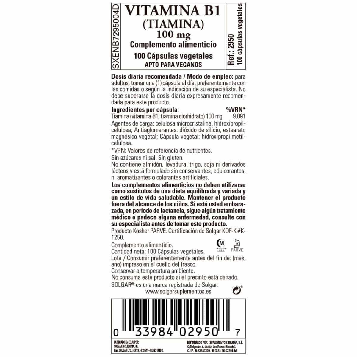 Vitamina B1 – 100mg – 100 Cápsulas Veganas