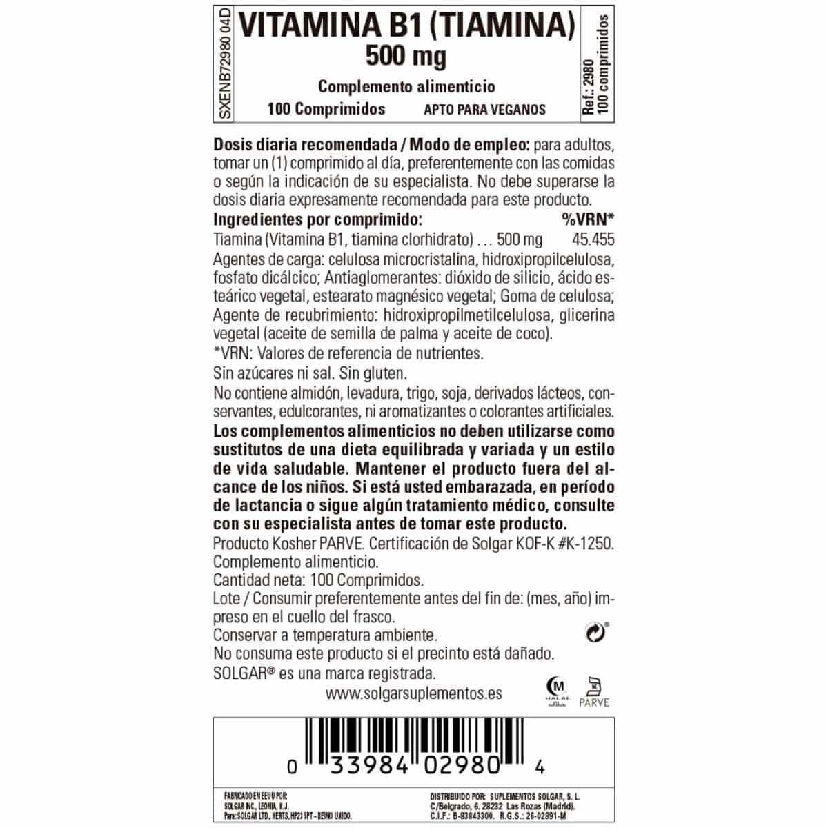 Vitamina B1 – 100mg – 100 Comprimidos