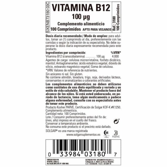 Vitamina B12 - 100 mcg - 100 Comprimidos