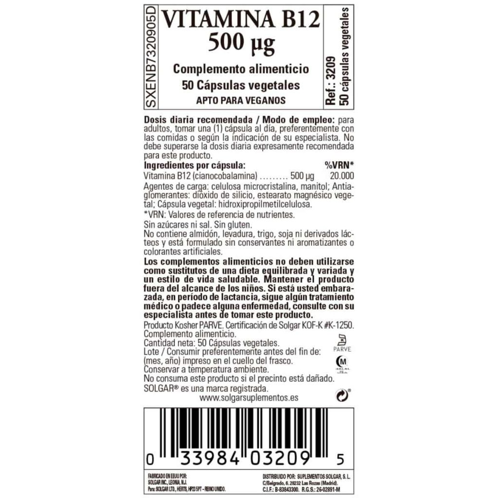 Vitamina B12 - 500 mcg - 50 Cápsulas Veganas detalle 1