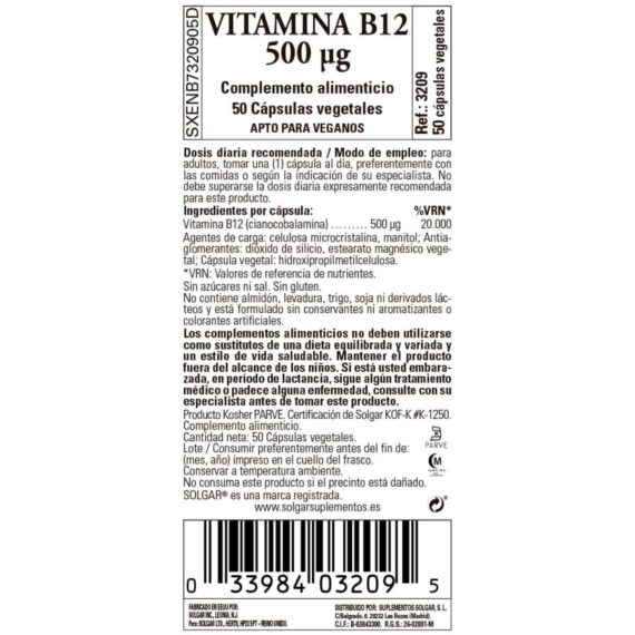 Vitamina B12 - 500 mcg - 50 Cápsulas Veganas