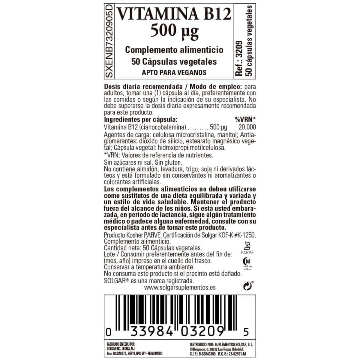 Vitamina B12 – 500 mcg – 50 Cápsulas Veganas