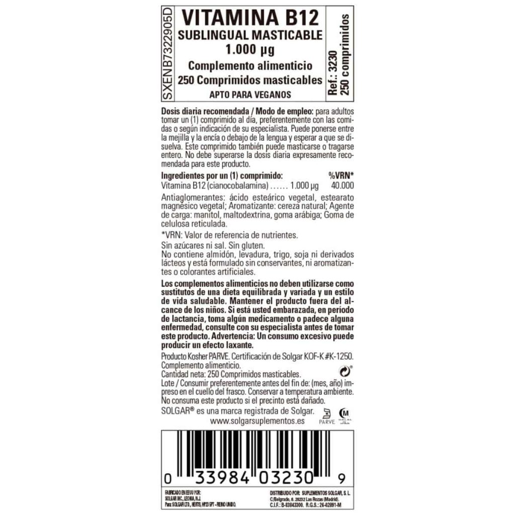 Vitamina B12 - 1000 mcg - 250 Comprimidos Masticables detalle 1