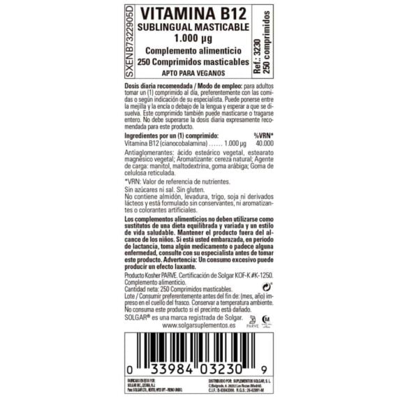 Vitamina B12 - 1000 mcg - 250 Comprimidos Masticables