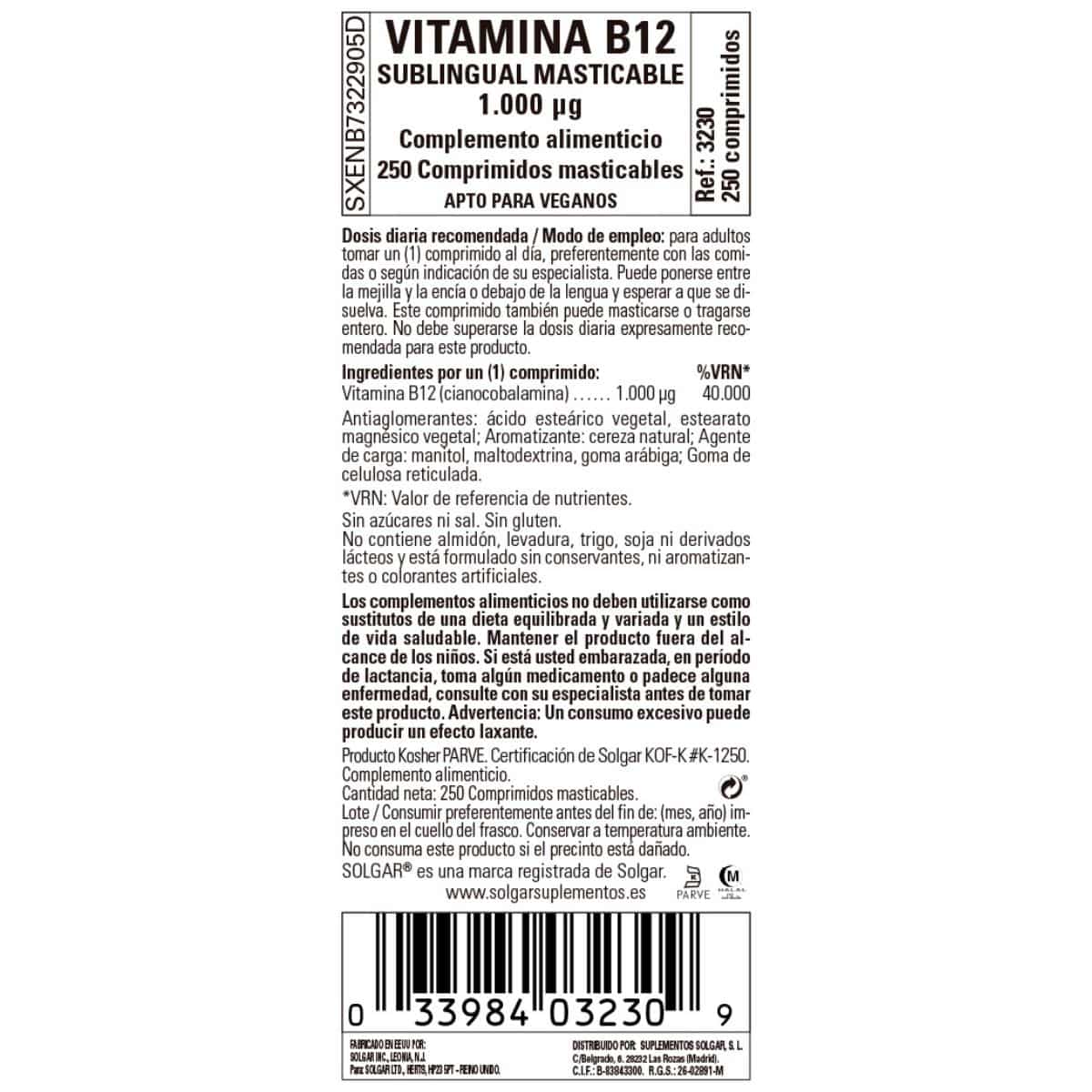Vitamina B12 – 1000 mcg – 250 Comprimidos Masticables