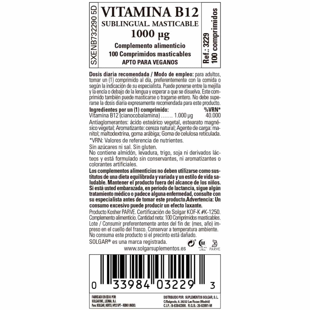 Vitamina B12 – 1000 mcg – 100 Comprimidos Masticables