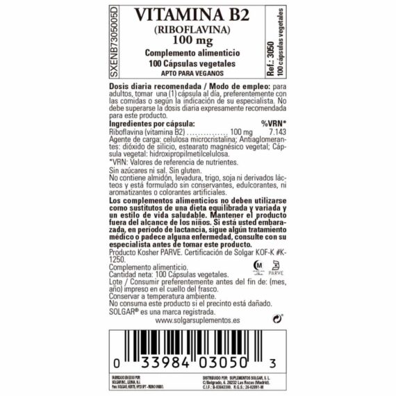 Vitamina B2 100 mg - 100 Cápsulas Veganas
