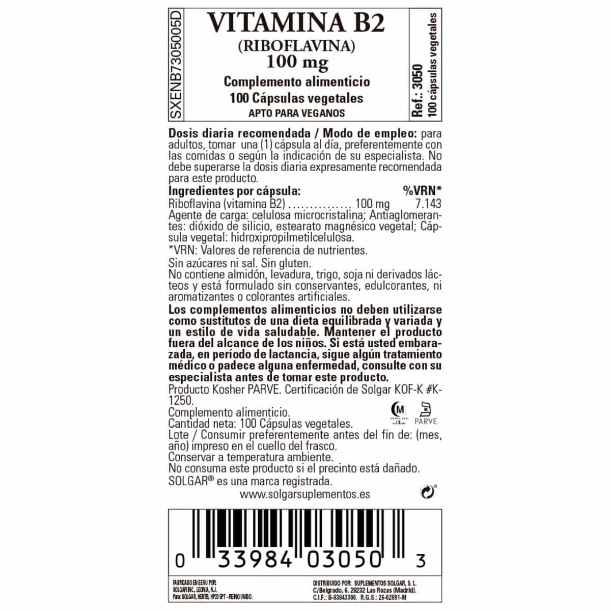 Vitamina B2 100 mg – 100 Cápsulas Veganas