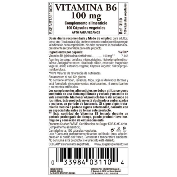Vitamina B6 100 mg - 100 Cápsulas Veganas