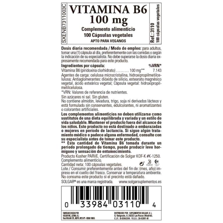Vitamina B6 100 mg – 100 Cápsulas Veganas