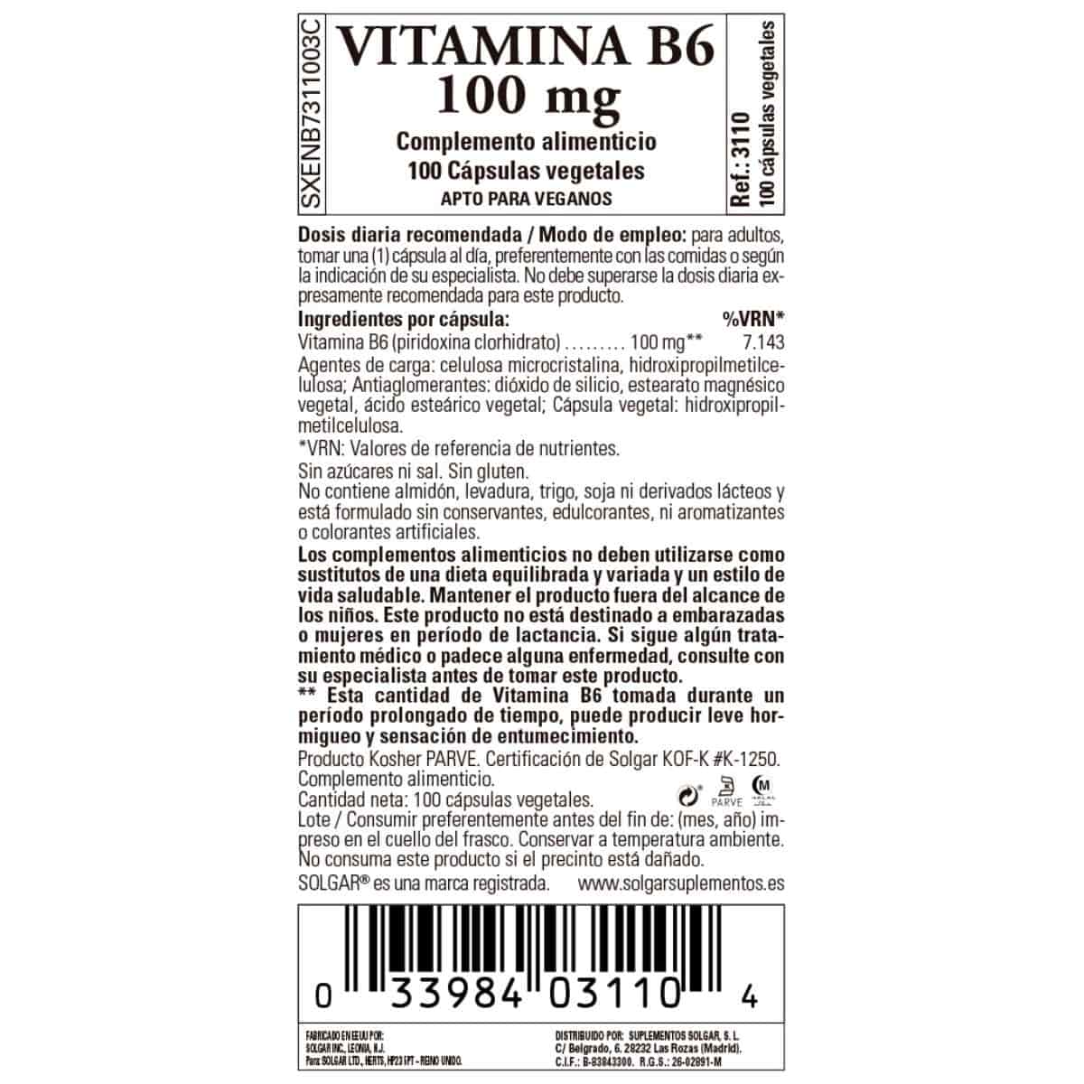 Vitamina B6 100 mg – 100 Cápsulas Veganas
