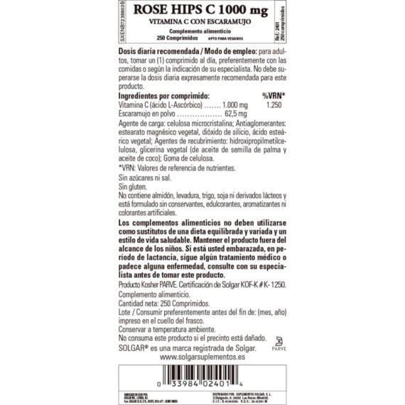 Vitamina C 1000 mg con Escaramujo - 250 Comprimidos