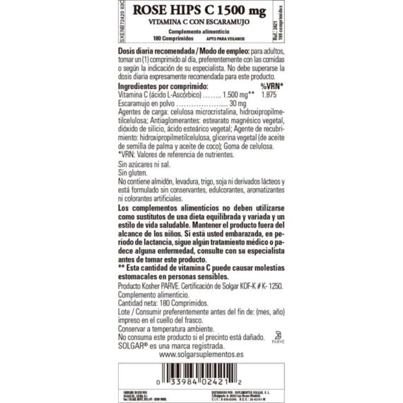 Vitamina C 1500 mg con Escaramujo - 180 Comprimidos