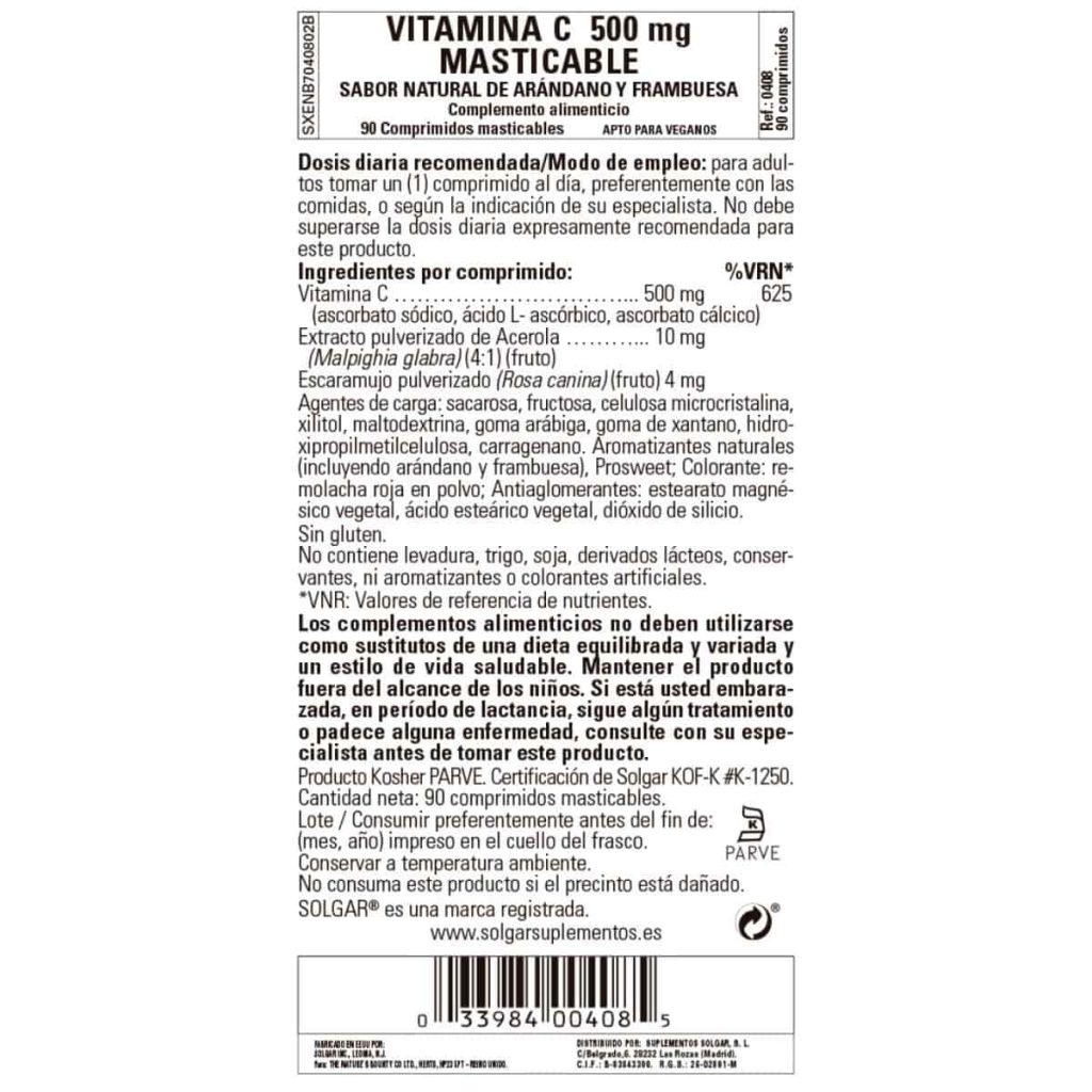 Vitamina C 500 mg Frambuesa - 90 Comprimidos Masticables detalle 1