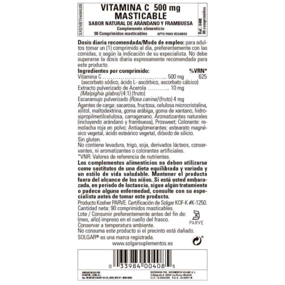 Vitamina C 500 mg Frambuesa - 90 Comprimidos Masticables
