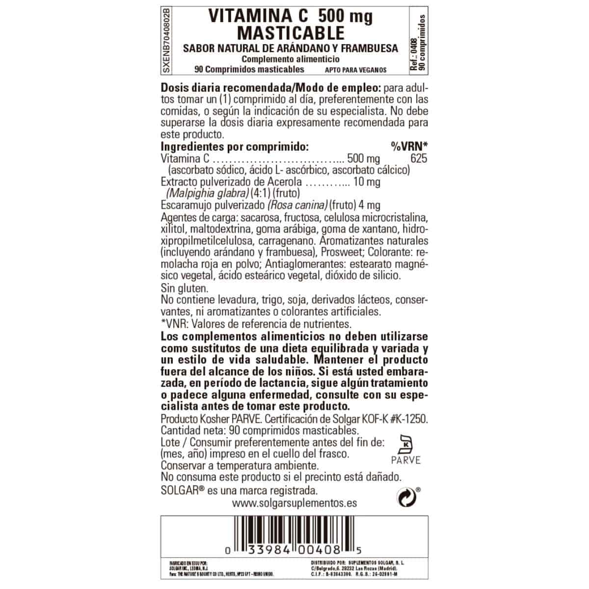 Vitamina C 500 mg Frambuesa – 90 Comprimidos Masticables