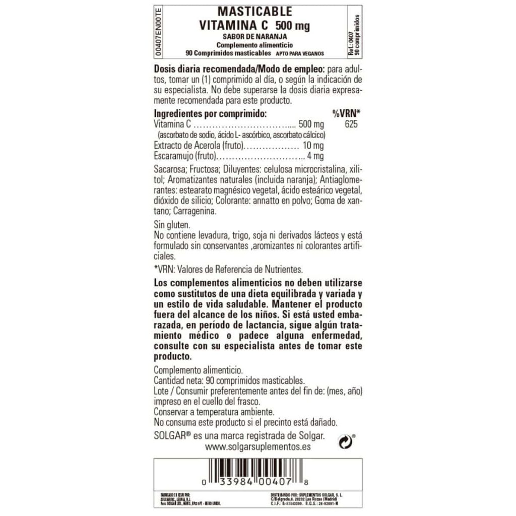 Vitamina C 500 mg Naranja - 90 Comprimidos Masticables detalle 1