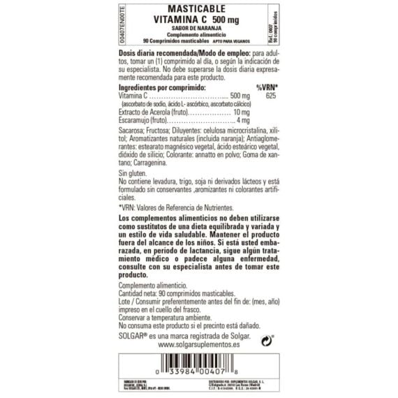 Vitamina C 500 mg Naranja - 90 Comprimidos Masticables