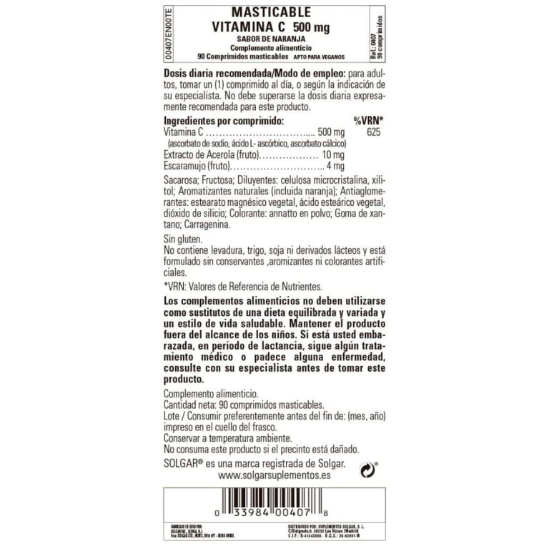 Vitamina C 500 mg Naranja – 90 Comprimidos Masticables