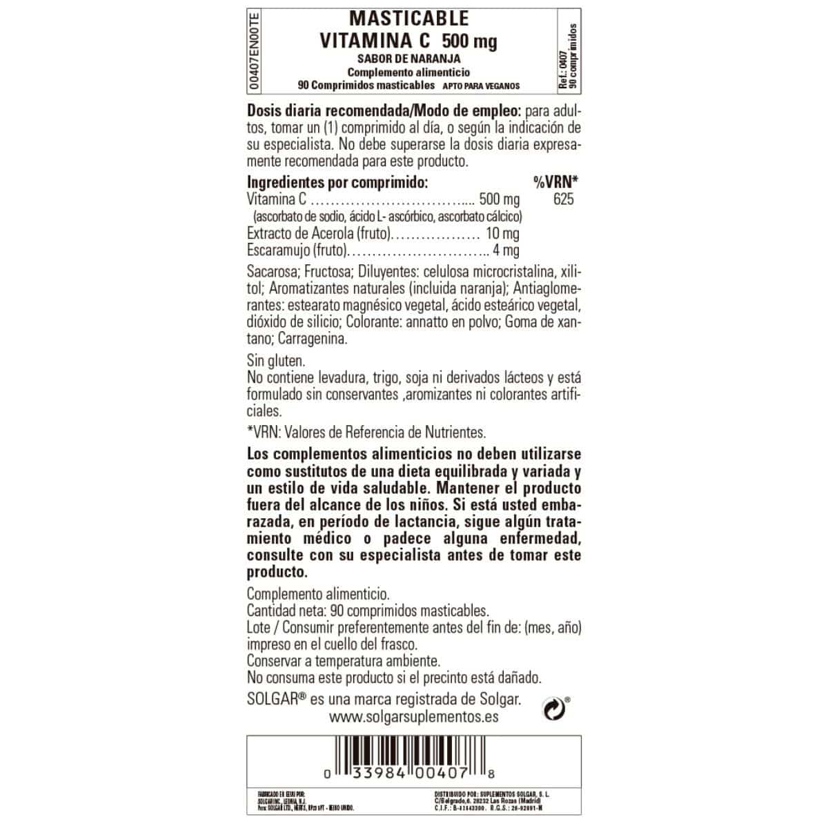 Vitamina C 500 mg Naranja – 90 Comprimidos Masticables