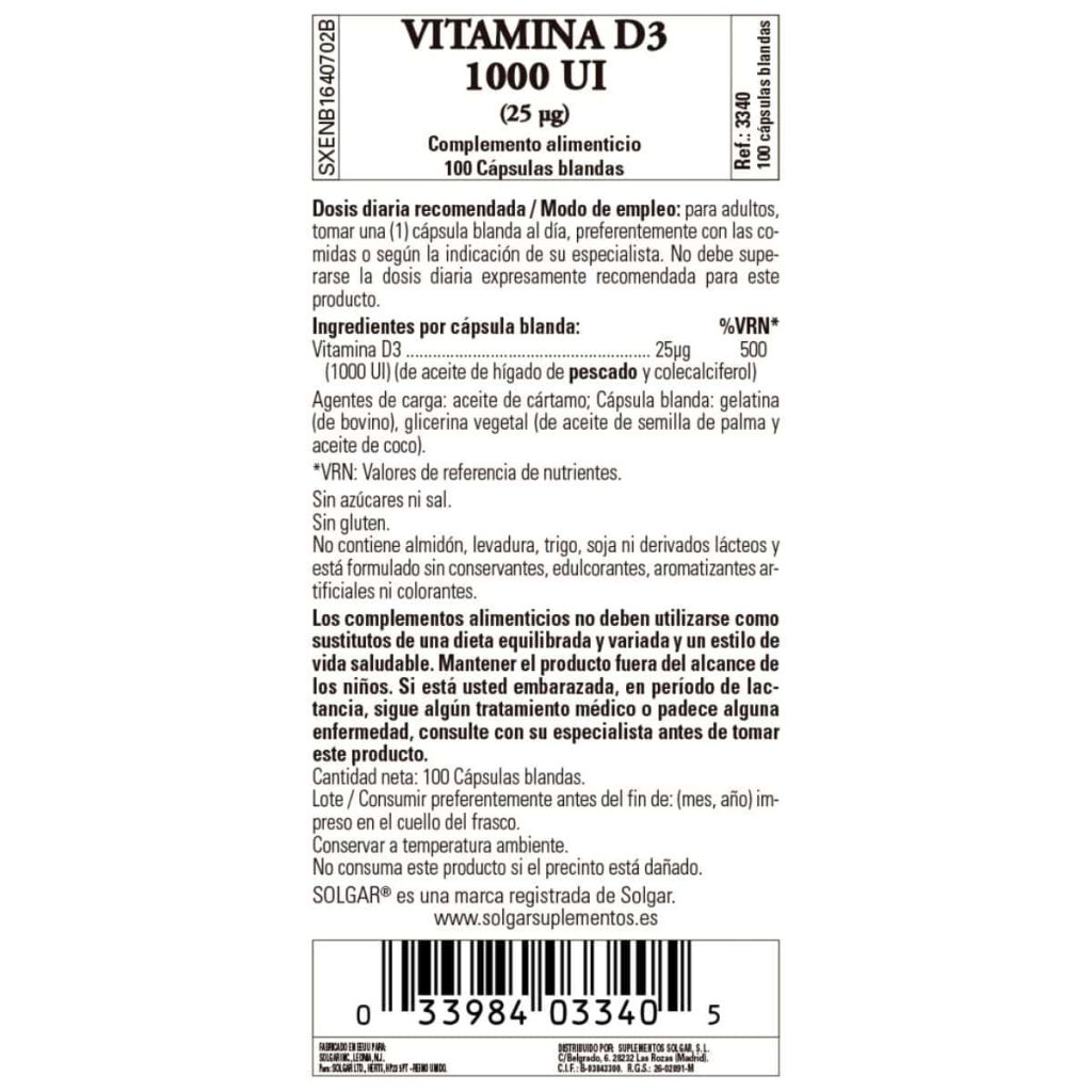 Vitamina D3 1000ui - 25 mcg - 100 Cápsulas Blandas detalle 1