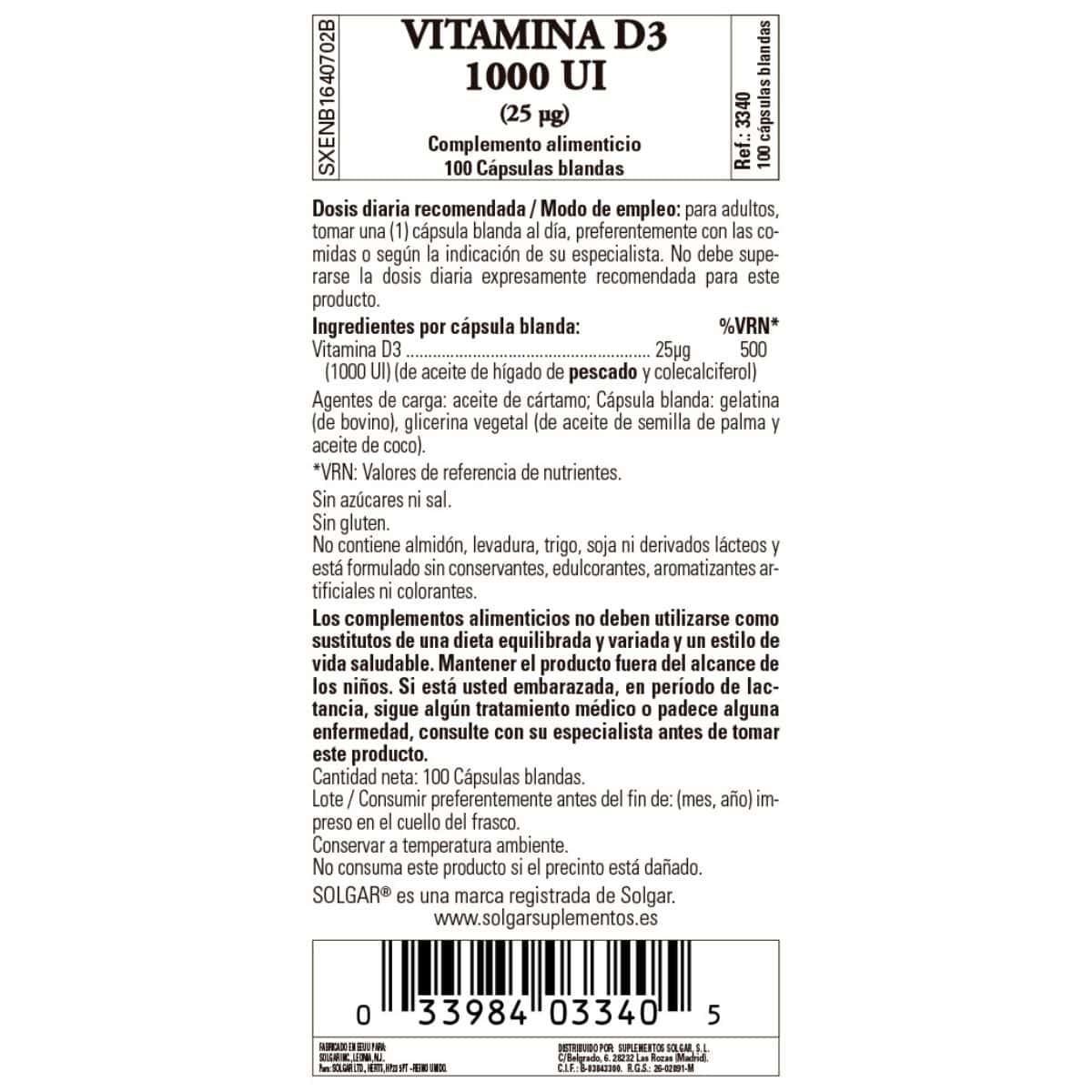 Vitamina D3 1000ui – 25 mcg – 100 Cápsulas Blandas
