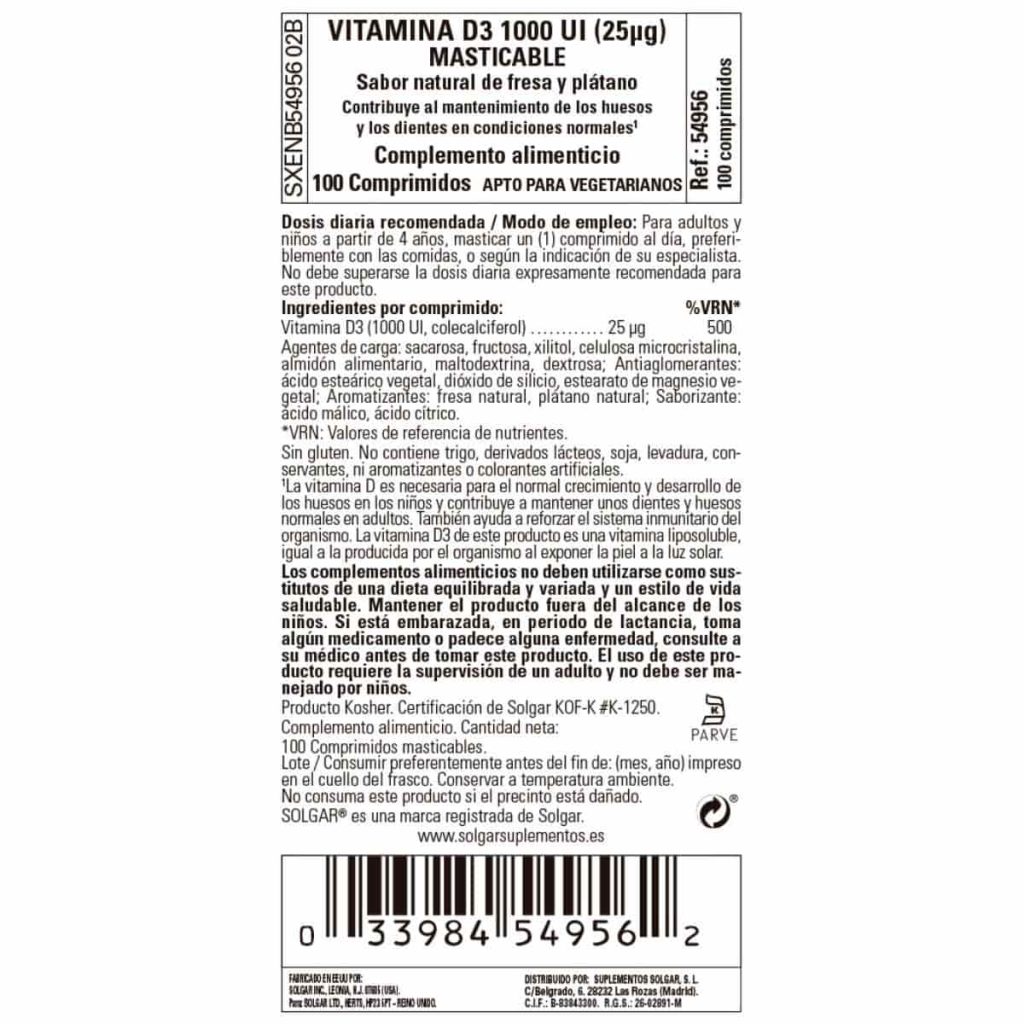 Vitamina D3 1000ui - 25 mcg - 100 Comprimidos Masticables detalle 1