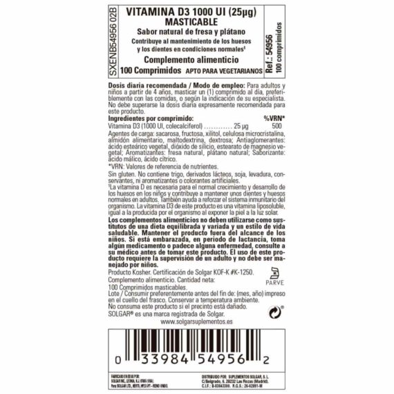 Vitamina D3 1000ui - 25 mcg - 100 Comprimidos Masticables
