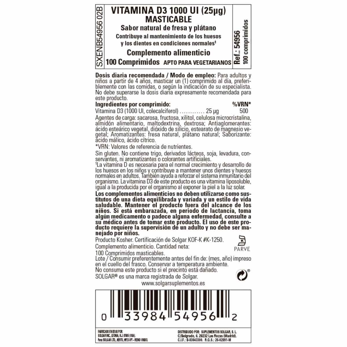 Vitamina D3 1000ui – 25 mcg – 100 Comprimidos Masticables