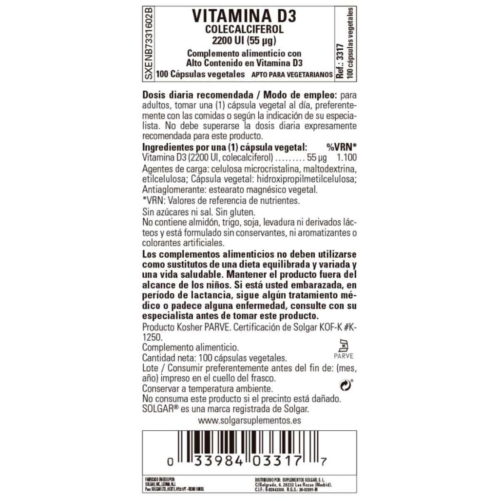 Vitamina D3 2200ui - 55 mcg - 100 Cápsulas Veganas detalle 1