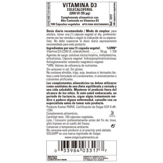 Vitamina D3 2200ui - 55 mcg - 100 Cápsulas Veganas