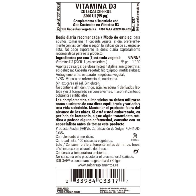 Vitamina D3 2200ui – 55 mcg – 100 Cápsulas Veganas