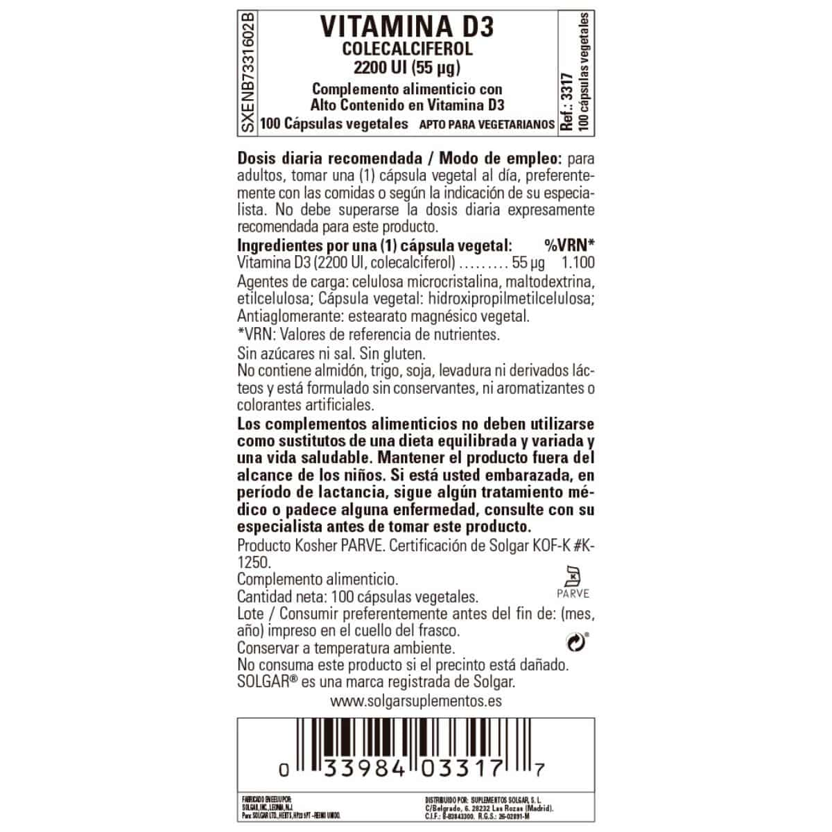 Vitamina D3 2200ui – 55 mcg – 100 Cápsulas Veganas