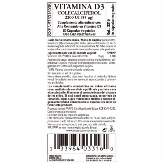 Vitamina D3 2200ui - 55 mcg - 50 Cápsulas Veganas