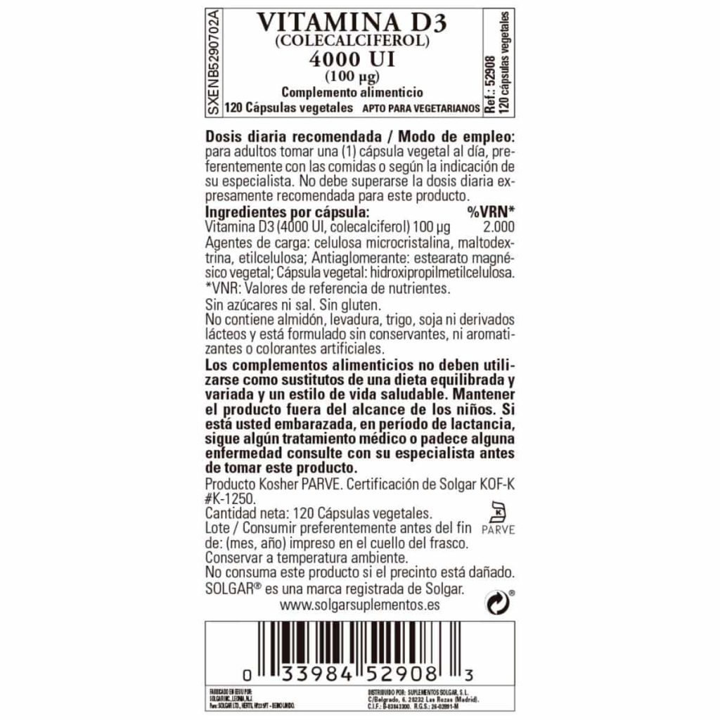Vitamina D3 4000ui - 100 mcg - 120 Cápsulas Veganas detalle 1