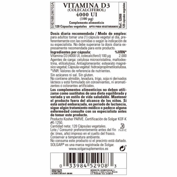 Vitamina D3 4000ui - 100 mcg - 120 Cápsulas Veganas