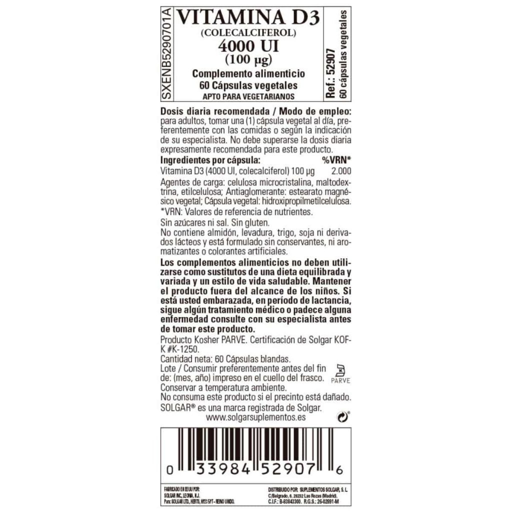 Vitamina D3 4000ui - 100 mcg - 60 Cápsulas Veganas detalle 1