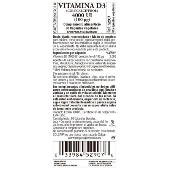 Vitamina D3 4000ui - 100 mcg - 60 Cápsulas Veganas