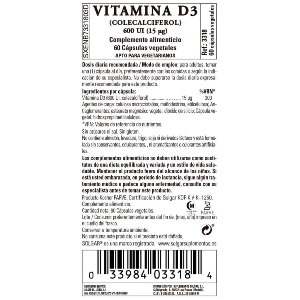 Vitamina D3 600ui - 15 mcg - 60 Cápsulas Veganas detalle 1