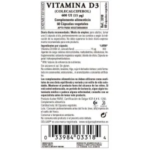 Vitamina D3 600ui – 15 mcg – 60 Cápsulas Veganas