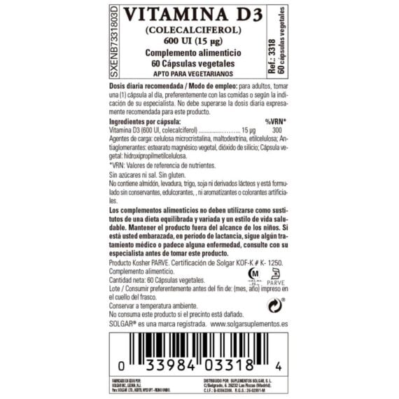 Vitamina D3 600ui - 15 mcg - 60 Cápsulas Veganas