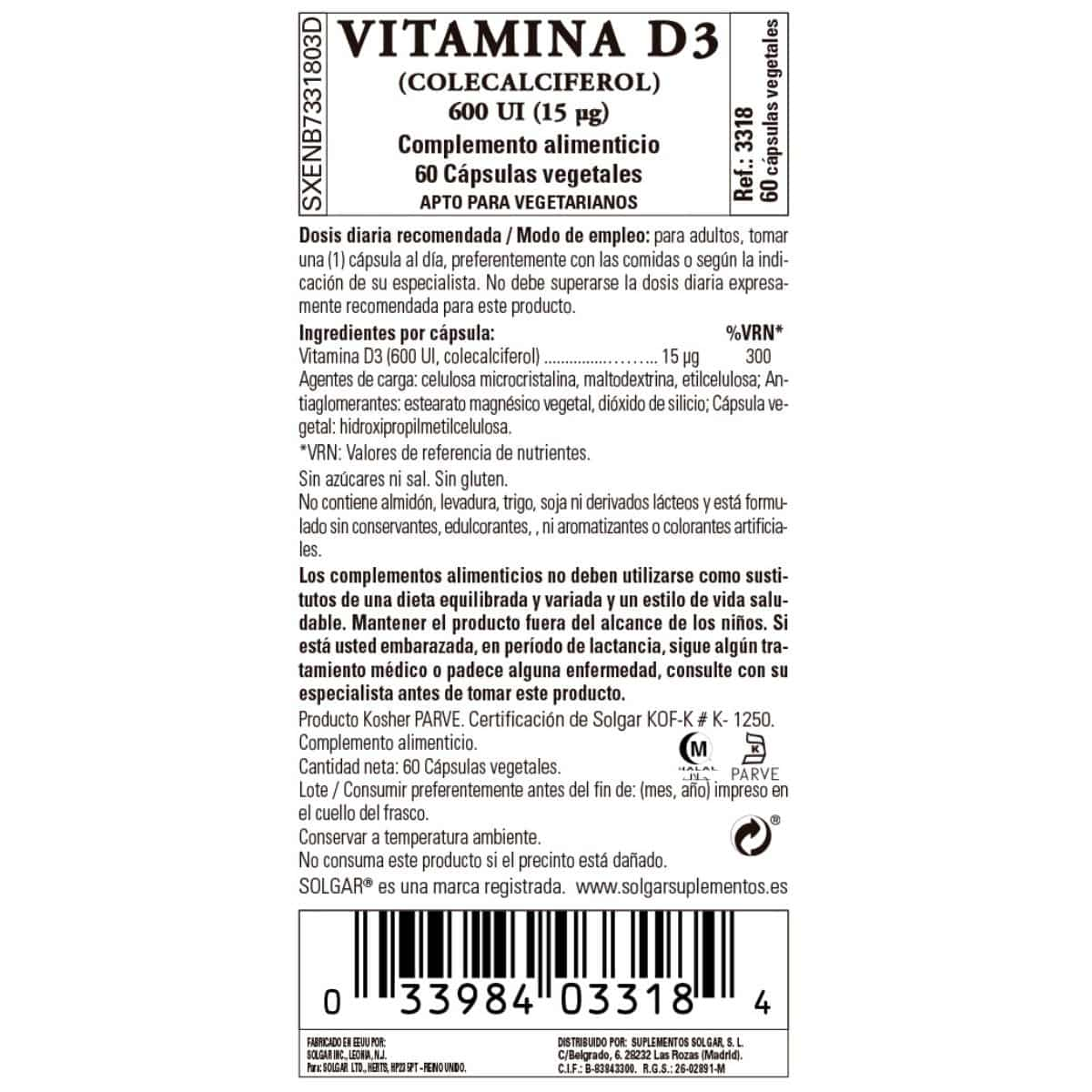 Vitamina D3 600ui – 15 mcg – 60 Cápsulas Veganas