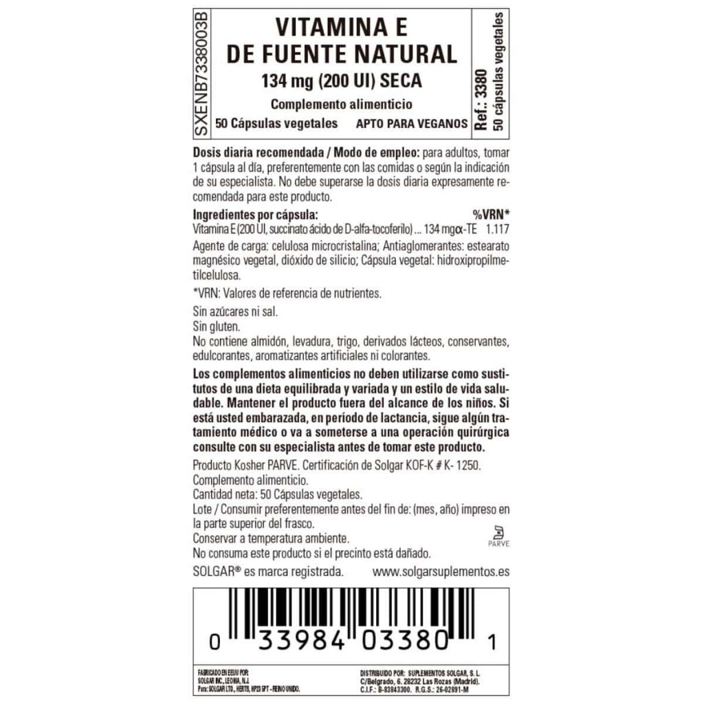 Vitamina E seca 200ui - 50 Cápsulas Veganas detalle 1